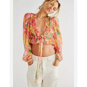 For Love & Lemons Free People Women's Floral Ruffle Elena Crop Jacket Top Small